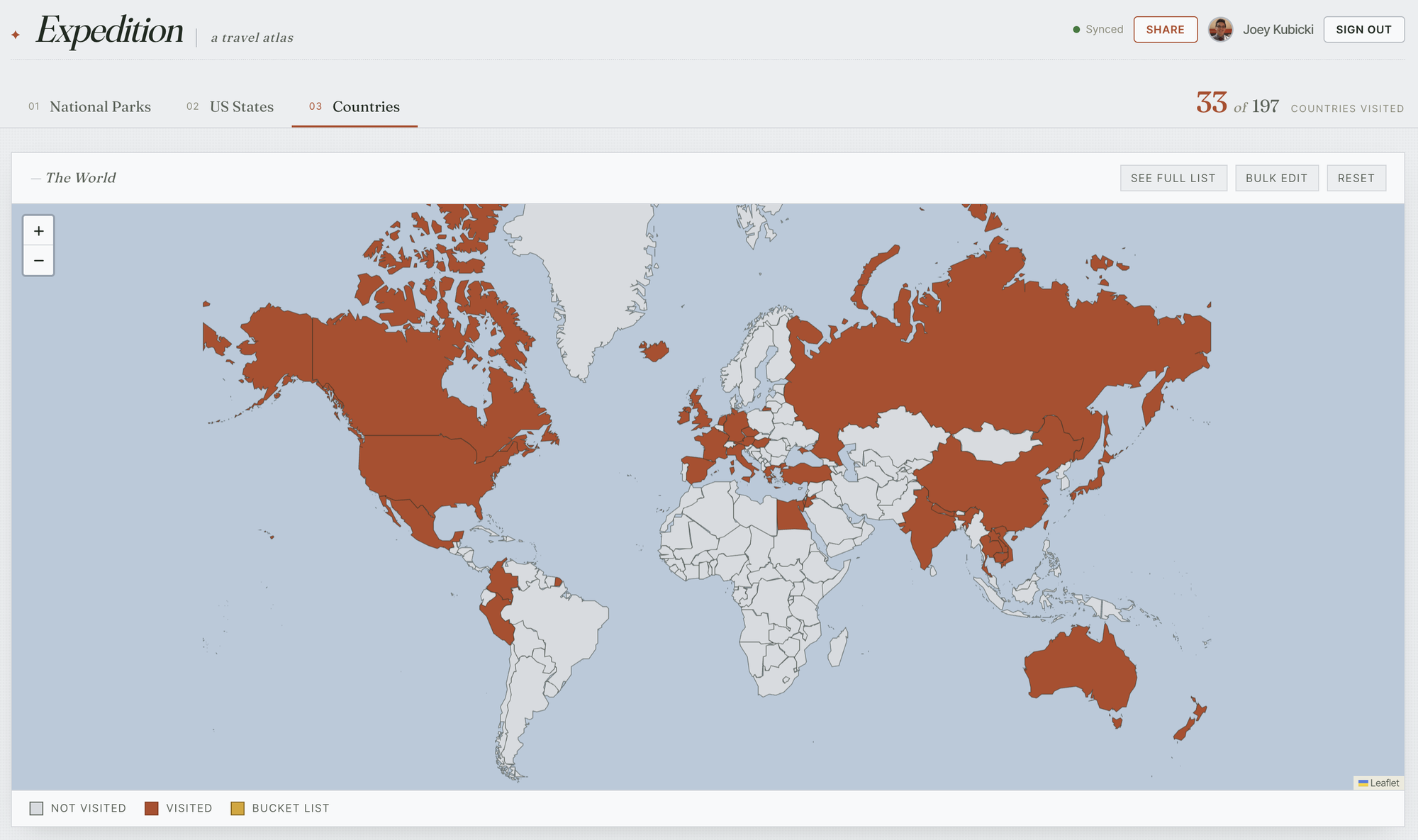 Countries tab — a world map with visited countries filled in terracotta, 33 of 197 visited