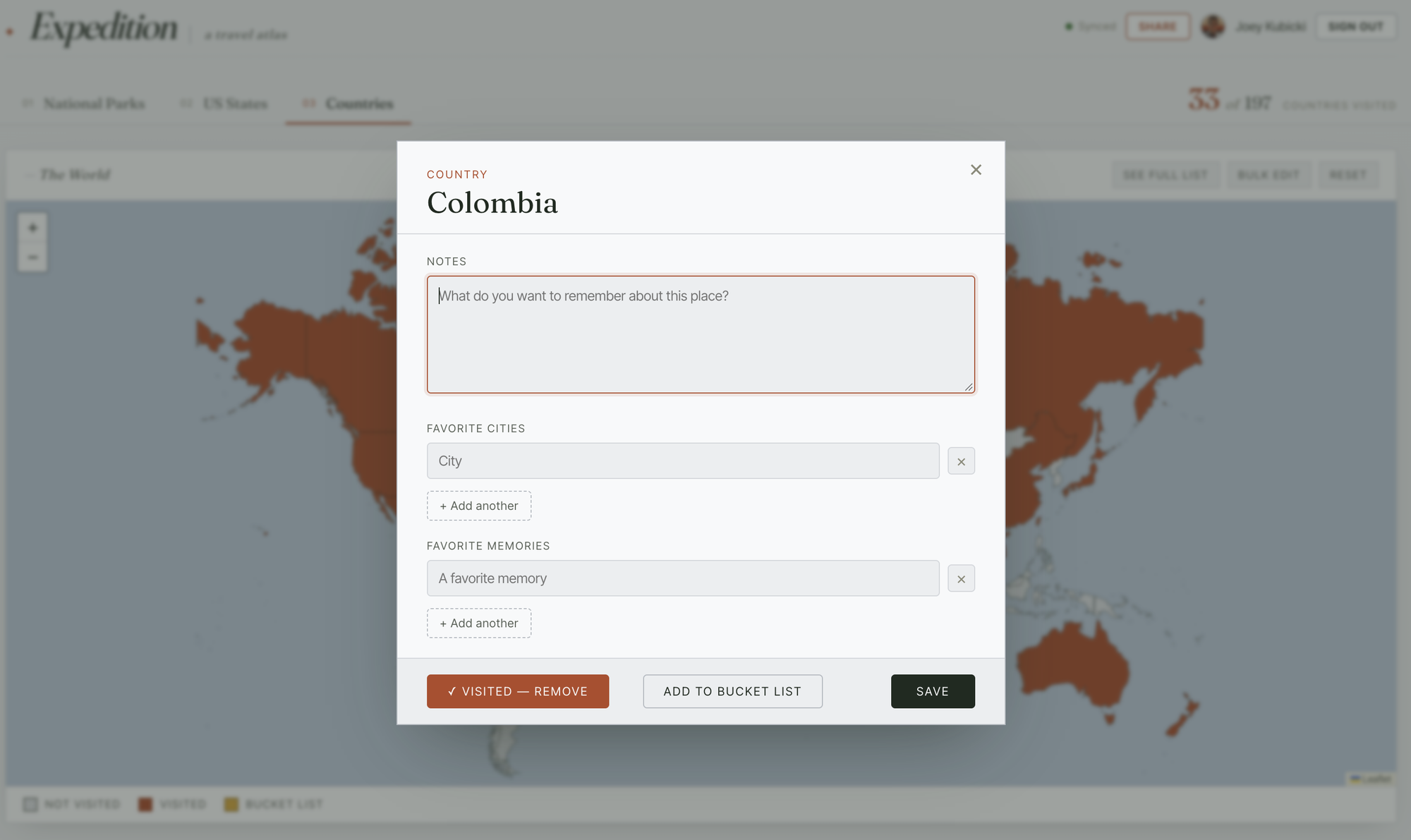Memories window for Colombia with notes, favorite cities and favorite memories fields