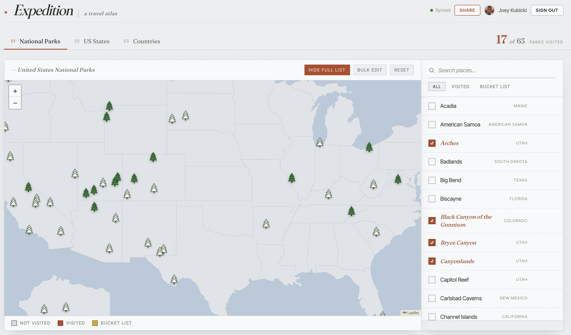 National Parks tab — park pins on a US map beside a searchable checklist, 17 of 63 visited