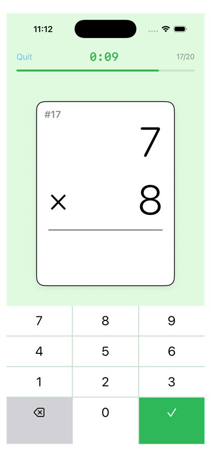 A timed flashcard question, 7 times 8, with a number pad to enter the answer