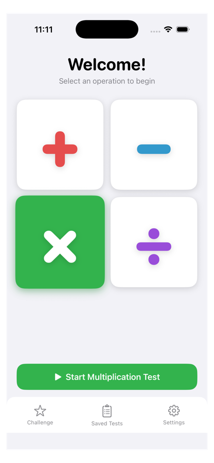Math Time Tests home screen — choose an operation: addition, subtraction, multiplication or division