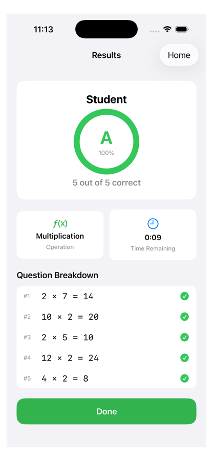Results screen showing a letter grade of A, 100 percent, 5 out of 5 correct, and a question-by-question breakdown